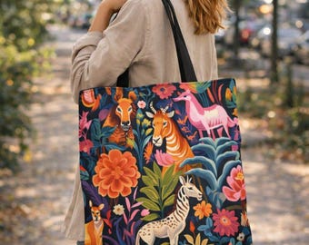 Colorful Safari Animal Zipper Tote Polyester Shopping Shoulder Carryall