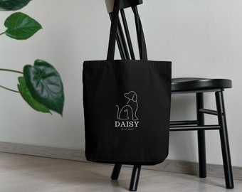 Stylish Black AOP Tote Bag with Adorable Dog Print, Unique Custom Made Black Shoulder Bag with Minimalistic Dog, Personalized Name Dog Tote