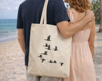 Minimal Bird Tote, Flying Birds Canvas Bag Gift for Nature Lovers