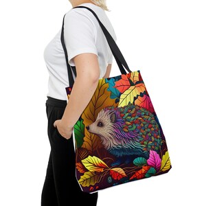 Hedgehog Fall Tote, Woodland Animal Shopping Bag, Colorful Autumn Nature Gift image 6