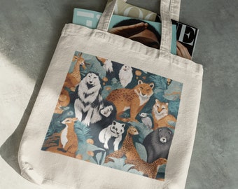 Wildlife Animal Tote, Woodland Forest Illustration Shopping Bag