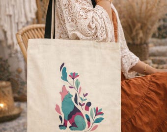 Minimal Wolf Tote, Floral Wolf Canvas Bag Gift for Nature Lovers