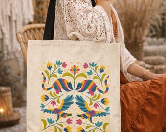 Folk Birds Cotton Canvas Tote, Scandinavian Floral Pattern Eco Gift