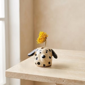 Handmade Ceramic Dalmatian Dog Bud Vase - Miniature Spotted Dog Figurine - Tiny Pottery Flower Holder - Unique Dog Lover Gift -