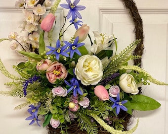 Floral basket wreath, Spring Summer door basket, unique door hanger, Floral door basket, elegant door basket, white peony door, gift idea