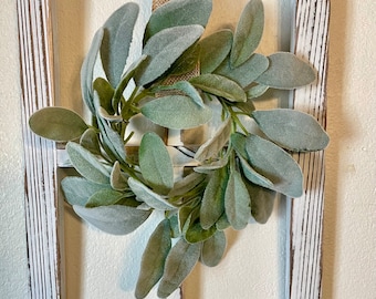 Farmhouse window pane wall decor, rustic farmhouse wall decor with wreath, distressed white wood wall decor, customizable frame wall decor