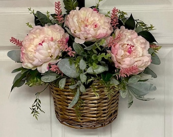 Large blush pink door basket, modern  farmhouse door hanger, neutral floral wall door basket, cottage basket wreath, peony door basket