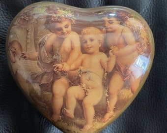 Vintage trinket box, Rare vintage Enesco cherub heart shaped trinket box, victorian trinket box, Angel trinket box, gifts made in Japan