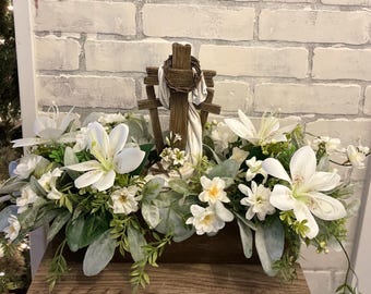 Neutral cross floral arrangement, 3 Cross Easter centerpiece, Easter mantel decor, Easter lily, lambs ear, cross religious table arrangement