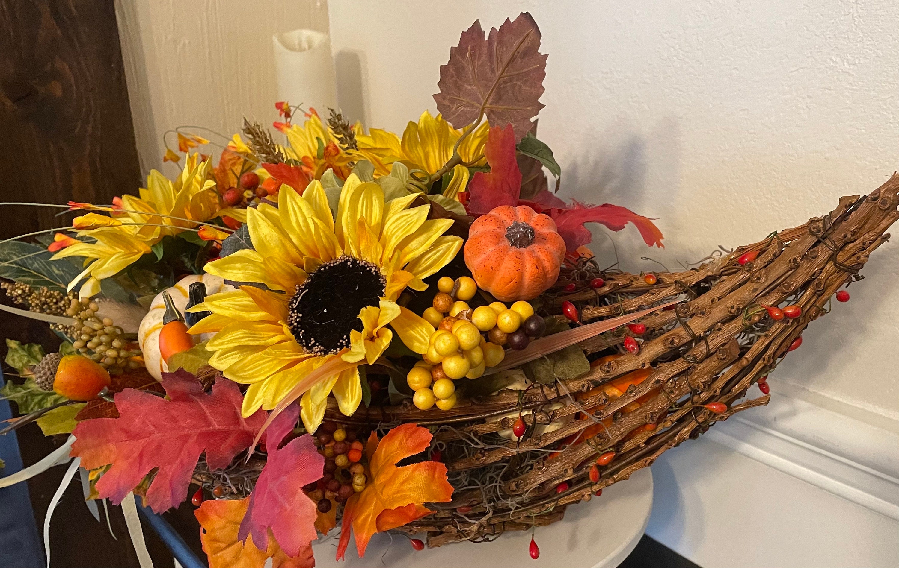 LARGE Cornucopia Sunflower Centerpiece, Thanksgiving Cornucopia