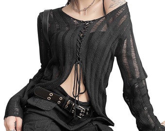 Camicetta gotica trasparente con fasciatura grunge - T-shirt a maniche lunghe in maglieria nera // Estetica Y2K // Grunge // Abbigliamento Fairycore