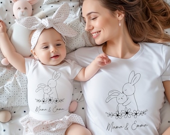 Moeder en baby cadeau-idee. Moeder kind set. Bijpassende outfits voor het leukste moeder- en babyduo. Moederdagcadeau: Mama en ik konijntjesset.