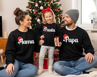 Personalized Christmas sweatshirt with name – Personalized Christmas sweater with Santa hat – Mother & Child family outfit