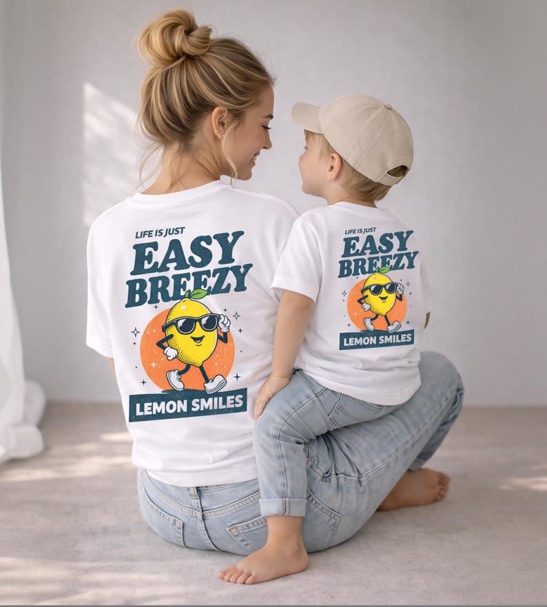 May include: White t-shirts with matching designs. The shirts feature a cartoon lemon wearing sunglasses with the text "LIFE IS JUST EASY BREEZY LEMON SMILES". The shirts are worn by a person and a child.