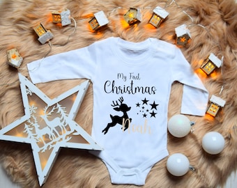 My first Christmas - personalized baby bodysuit. My first Christmas bodysuit. Baby Christmas outfit. Romper bodysuit with desired name.