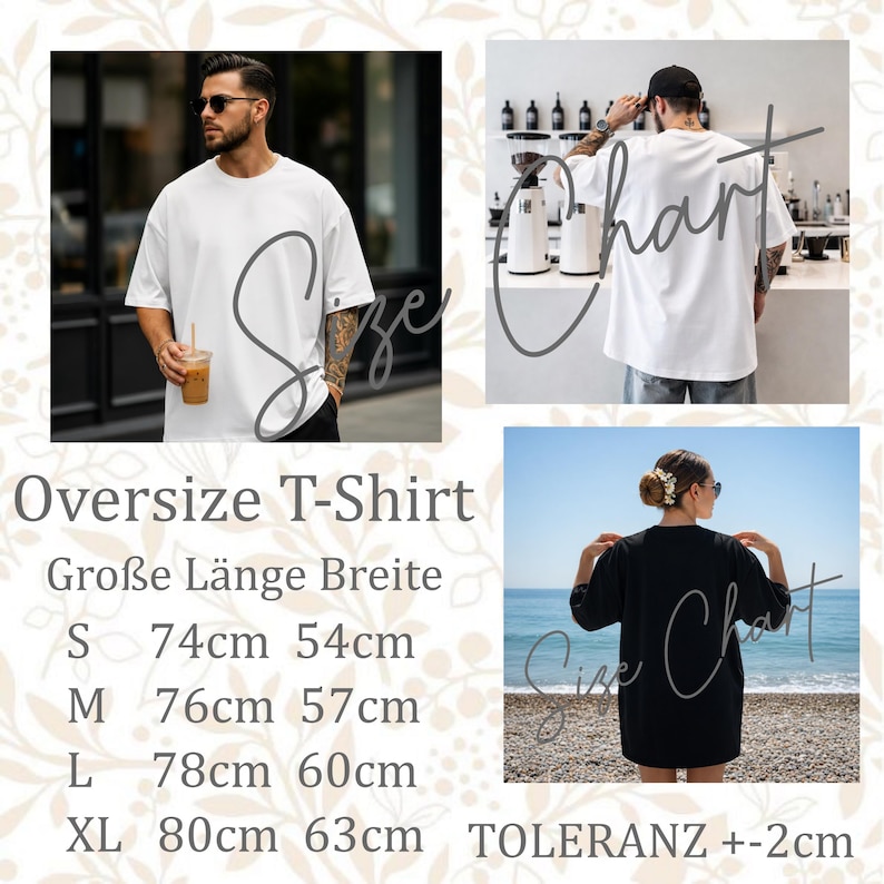 Może przedstawiać: Obraz przedstawia białe koszulki typu oversize. Tekst na zdjęciu brzmi "Oversize T-Shirt" z wymiarami w centymetrach: S (74 cm długości, 54 cm szerokości), M (76 cm długości, 57 cm szerokości), L (78 cm długości, 60 cm szerokości) i XL (80 cm długości, 63 cm szerokości).
