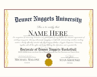 Denver Nuggets Basketball Gift for Sports Fans Personalized Custom NBA Diploma Certificate