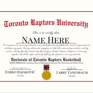 Toronto Raptors Basketball Gift for Sports Fans Personalized Custom Diploma Certificate