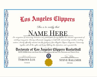Los Angeles Clippers Basketball Gift for Sports Fans Personalized Custom Diploma Certificate