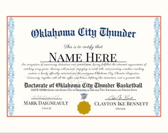 Oklahoma City Thunder Basketball Gift for Sports Fans Personalized Custom Diploma Certificate