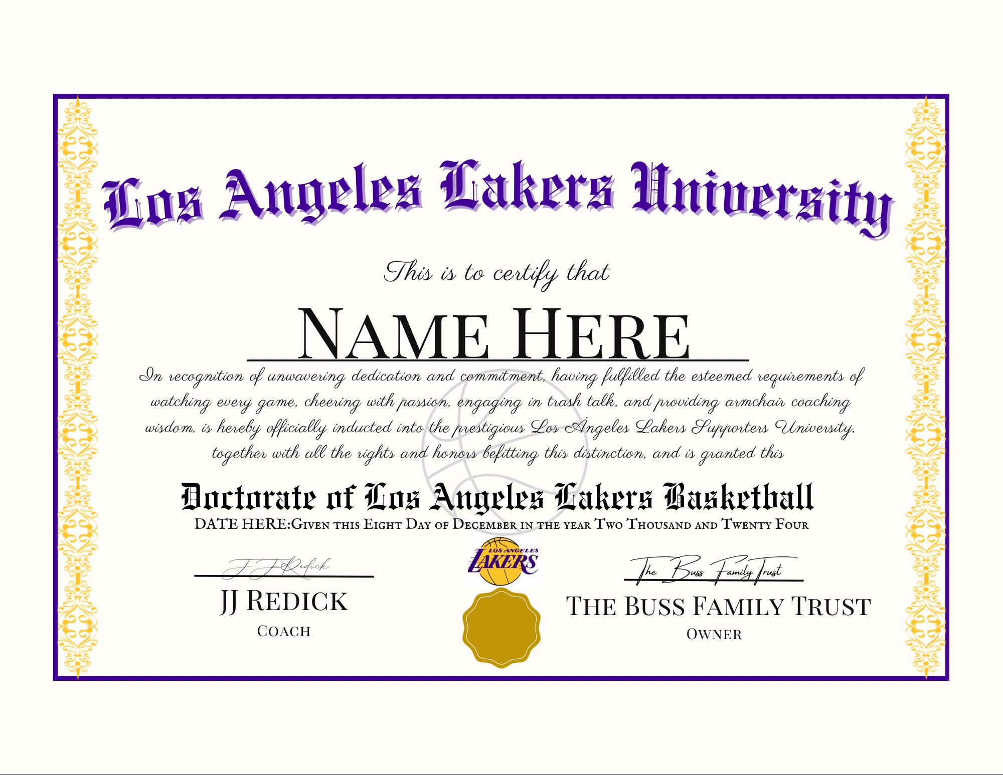 Los Angeles Lakers Basketball Gift for Sports Fans Personalized Custom Diploma Certificate