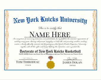 New York Knicks Basketball Gift for Sports Fans Personalized Custom Diploma Certificate