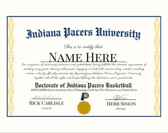 Indiana Pacers Basketball Gift for Sports Fans Personalized Custom Diploma Certificate