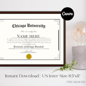 Diploma de beisebol personalizado de Chicago | Preto e cinza | Modelo Canva | Presente esportivo | Certificado para impressão | Download instantâneo