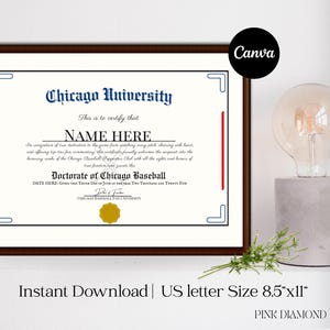 Diploma de beisebol personalizado de Chicago | Azul-marinho e vermelho | Modelo Canva | Presente esportivo | Certificado para impressão | Download instantâneo