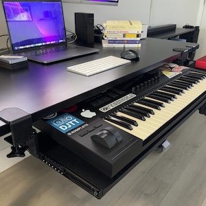Clamp-On Musical/MIDI Keyboard Sliding Tray for Under Desk - Extra Large, Heavy Duty, Adjustable Height with Multiple Sizes & Color Options.