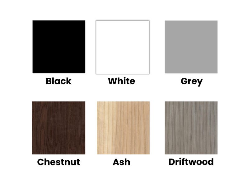 Puede incluir: Una paleta de colores con seis muestras cuadradas. Los colores incluyen negro, blanco y gris, junto con patrones de vetas de madera de casta&ntilde;o, fresno y deriva. Cada muestra est&aacute; etiquetada con su respectivo nombre de color.