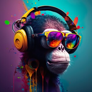 May include: A colorful abstract background with a monkey wearing yellow headphones and mirrored sunglasses. The monkey has a serious expression and is looking directly at the viewer.