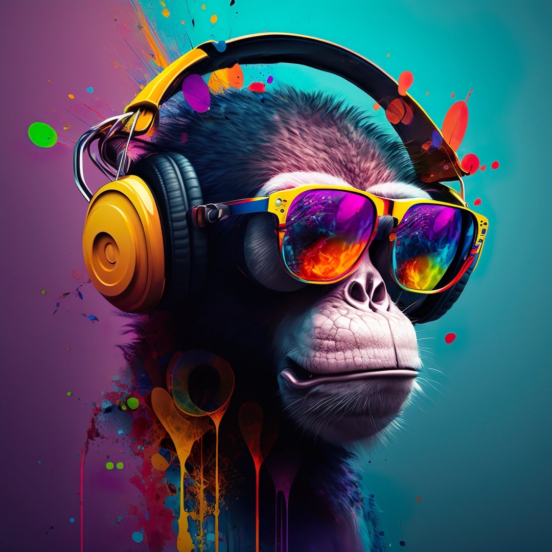 Monkey With Headphones and Sunglasses, PRINTABLE ART, Monkey, Print