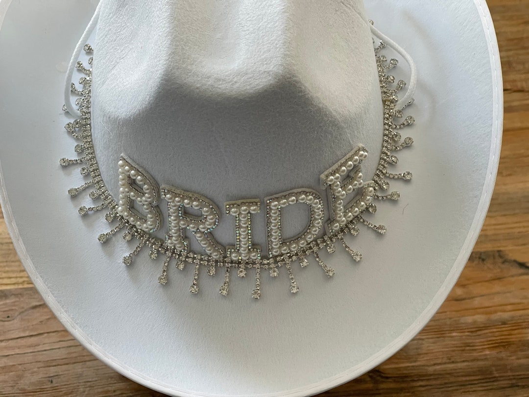 White Cowboy Hat for Wedding or Bachelorette Party. Rhinestones. Veil. Country. Cowgirl Hat