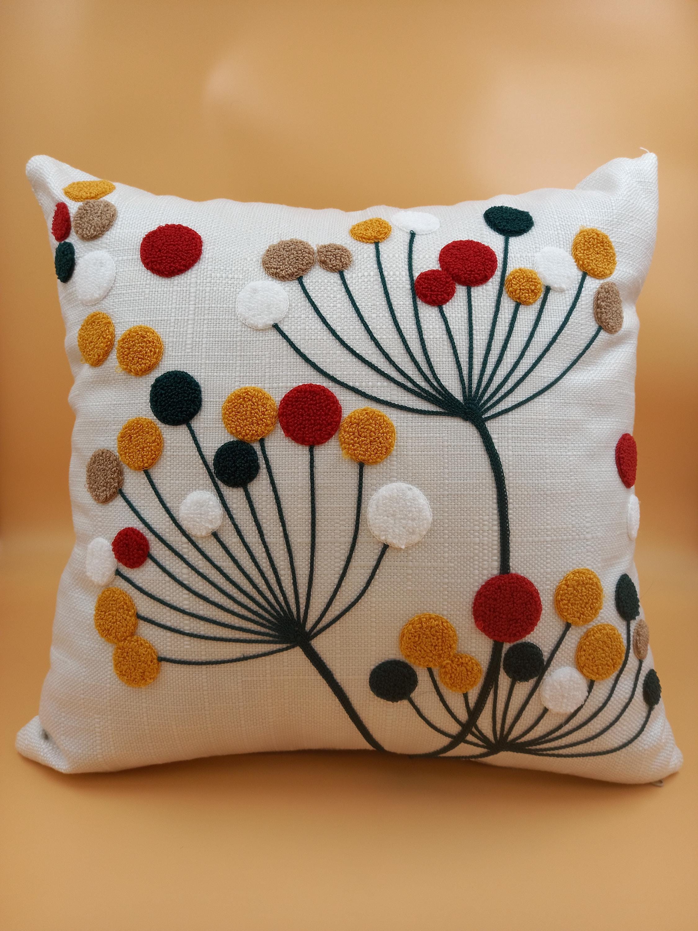 Colorful Punch Embroidered Throw Pillow,Decorative Punch Needle Pillow,Tufted Pillow Cover, Bohemian Pilllowcase,18 x 18 Upholstery Fabric