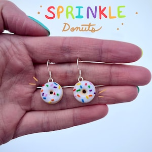 Handmade Donut Earrings, Chocolate Sprinkle Donuts, Pink Donuts with White Drizzle, White Sprinkle Donuts, Dessert Foods, Realistic.