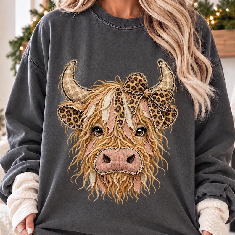 Highland Cow PNG, Ripped Fabric Design, Leopard Bow Western Sublimation ...