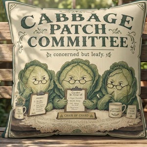 May include: A square throw pillow featuring a cream background with a green illustration of three anthropomorphic cabbages wearing glasses. The text reads CABBAGE PATCH COMMITTEE and concerned but leafy. The cabbages sit at a table with a lace cloth.