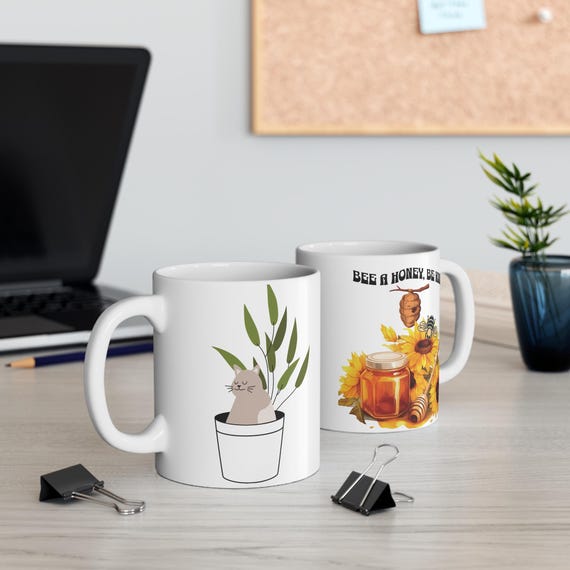 Bee & Cat Be Kind Mug, Honey, Plant, Animal Lover Gift, Coffee Cup, Cute Tea Mug, Bee Kind Mug