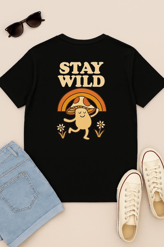 Retro Mushroom Back Print Tee: Cottagecore Hippie Shirt