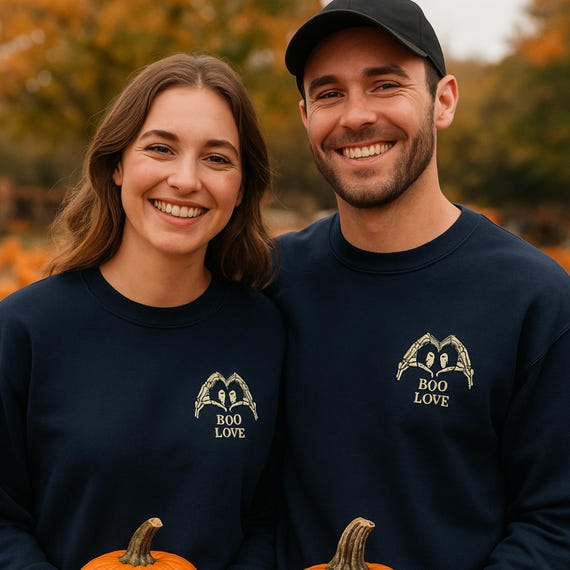 Boo Love Halloween Sweatshirt: Skeleton Heart Hands Ghost Design