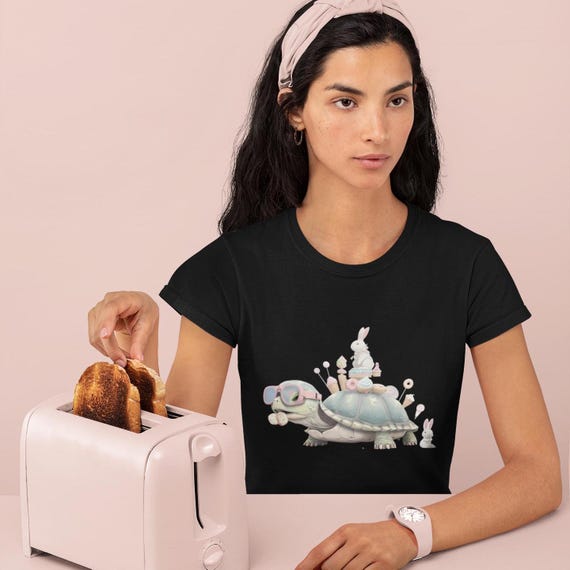 Whimsical Turtle Graphic Tee Cute Animal Shirt Unique Design Tortoise and Hare Quirky  Animal Lover Gift Bunny Sweet Treats Conversation