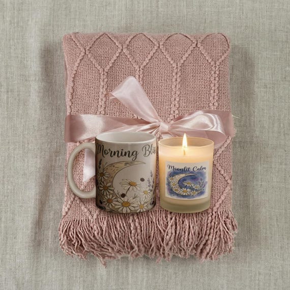 Cozy Gift Set, Tassel Throw Blanket, Soy Candle, Ceramic Mug