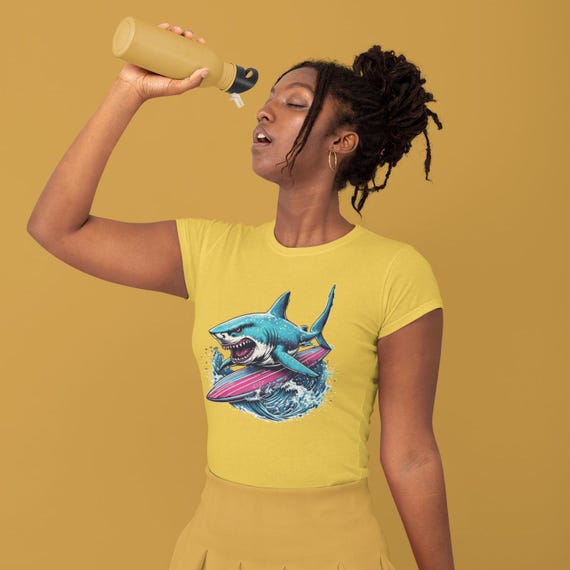 Shark Surfing T-Shirt Summer Beach Ocean Sea Life Graphic Shark Tee Surfer Unisex Novelty Print Shark Week Shirt Surfers Tee