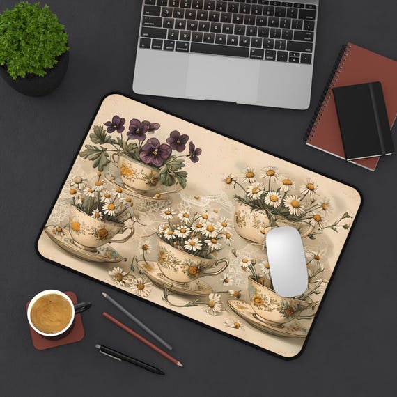 Vintage Floral Desk Mat: Shabby Chic Office Decor, Neoprene Mouse Pad