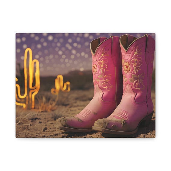Desert Decor Canvas Wall Art  Neon Cactus and Cowboy Boots Southwestern Decor, Boho Chic Room Accent, Western Cowgirl Gift, Matte Finish