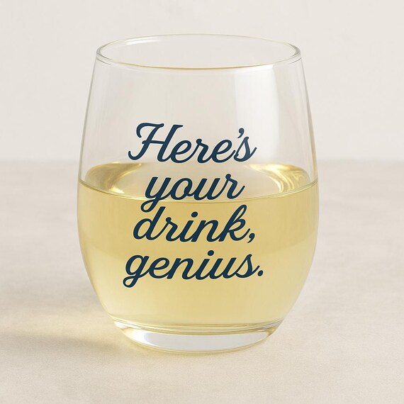 Funny Wine Glass: "Here's Your Drink, Genius" - Snarky Barware Gift