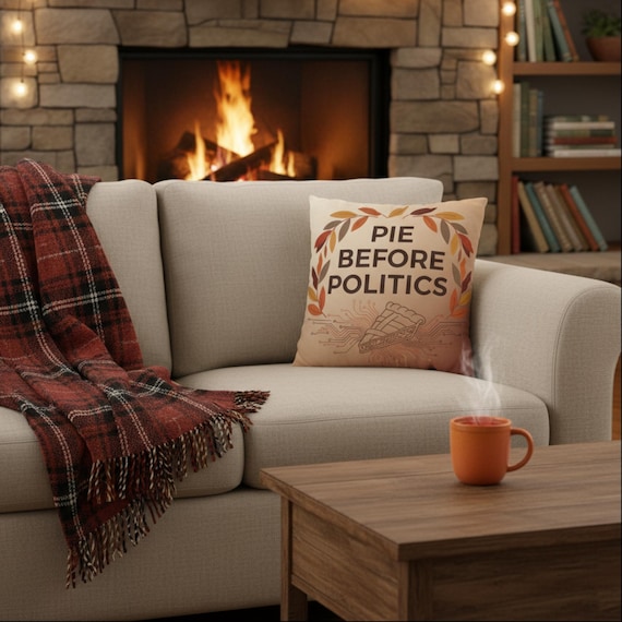 Political Humor Throw Pillow, Pie Before Politics Cushion, Funny Thanksgiving Decor, Conversation Starter