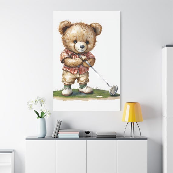 Animal Art Little Bear Golf Club Nursery Wall Art Cute Kids Sports Decor Playful Animal Artwork