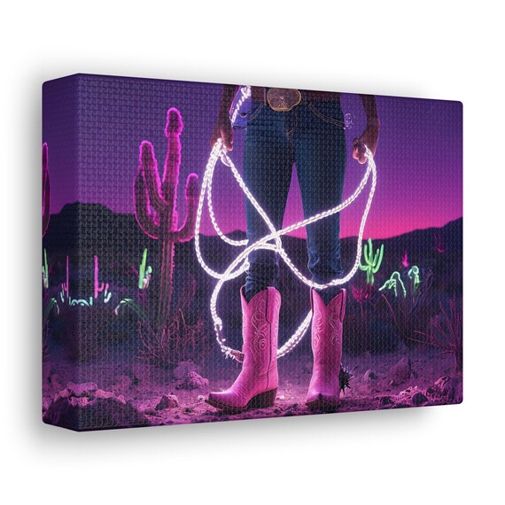 Canvas Gallery Wraps - Pink Cowboy Boots in the Neon Cactus Desert Wall Art, Southwestern Home Decor, Western Style Gift, Desert Vibes